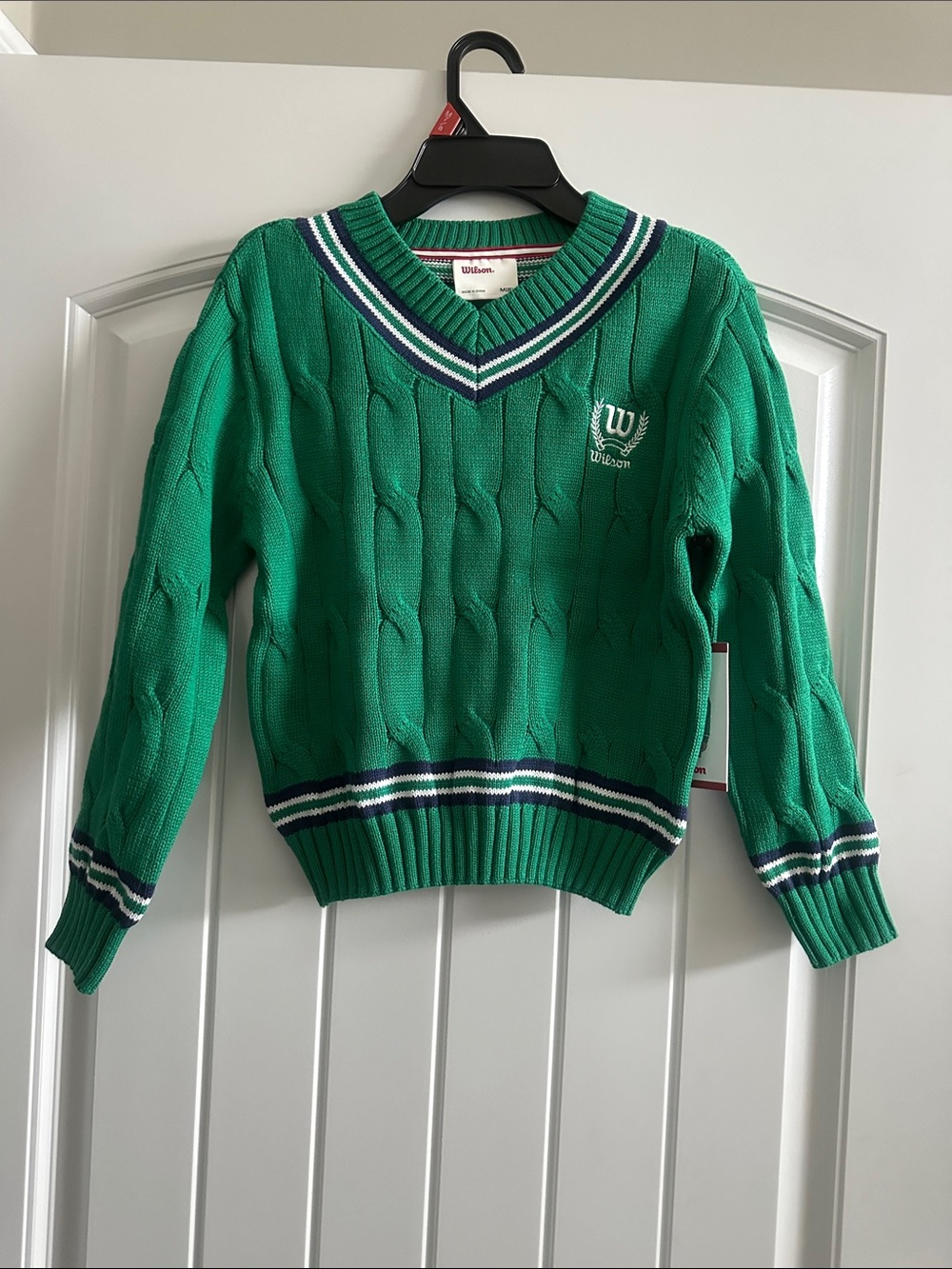 Wilson Emerald Green V-Neck Cable Knit Sweater with Stripe Trim
